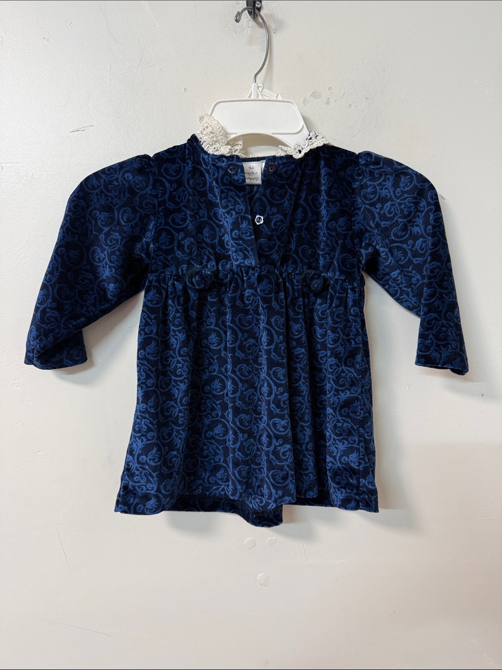 Girls' Dark Blue Velvet Long-Sleeve dress with Lace Collar vintage